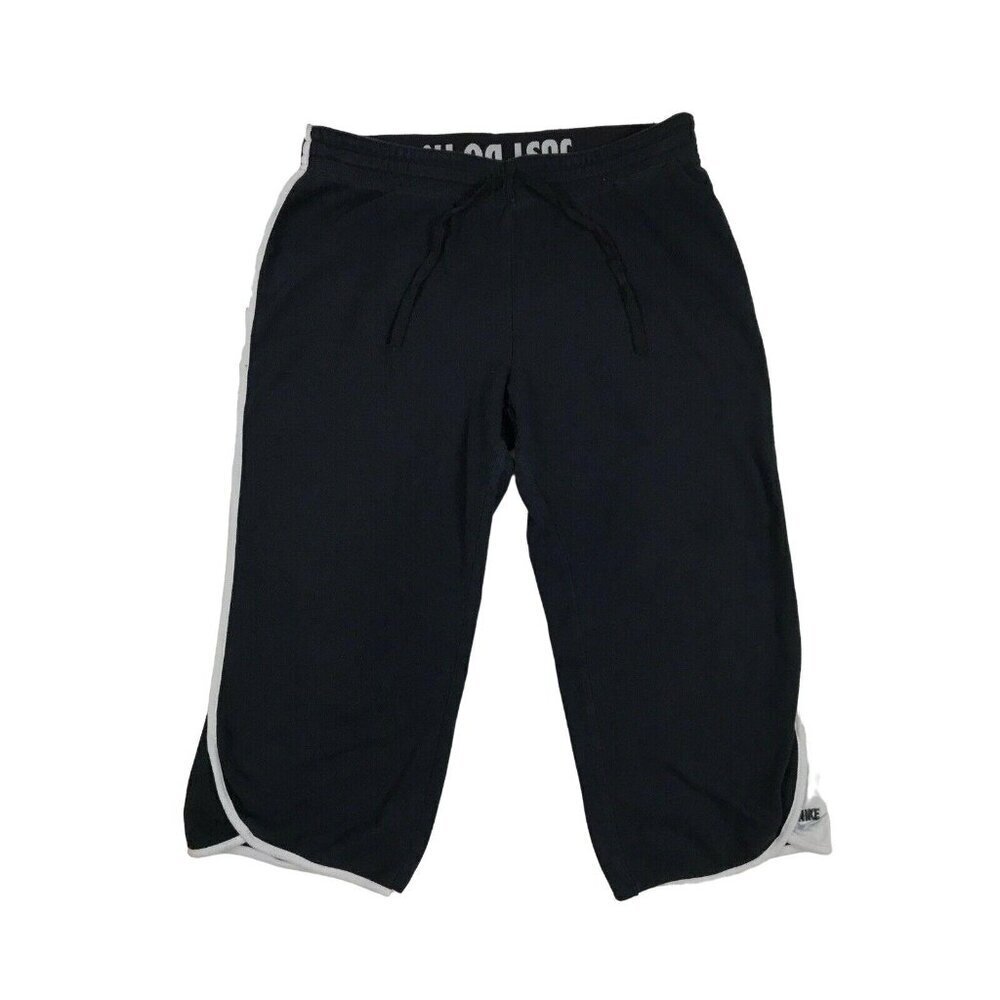 Nike Womens Cropped Pants Size Medium Fold Over Waistband Black Drawstring Waist